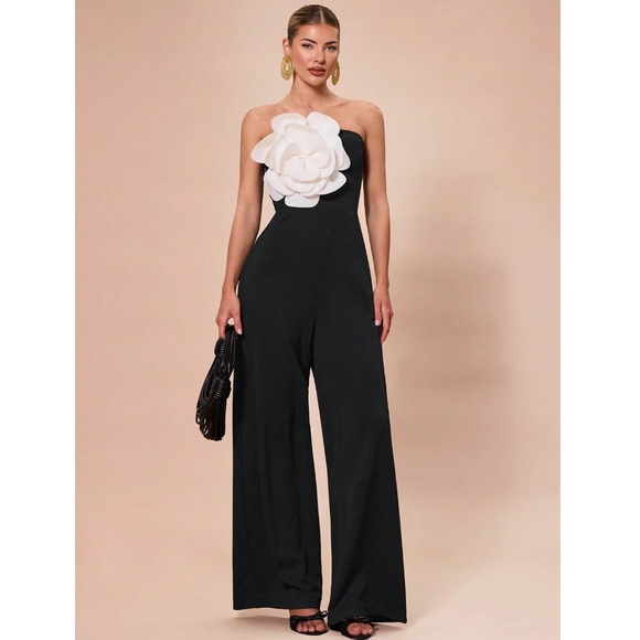 White Flower Strapless Black Elegant Jumpsuit High Waisted Long Wide Leg - Picture 7 of 8